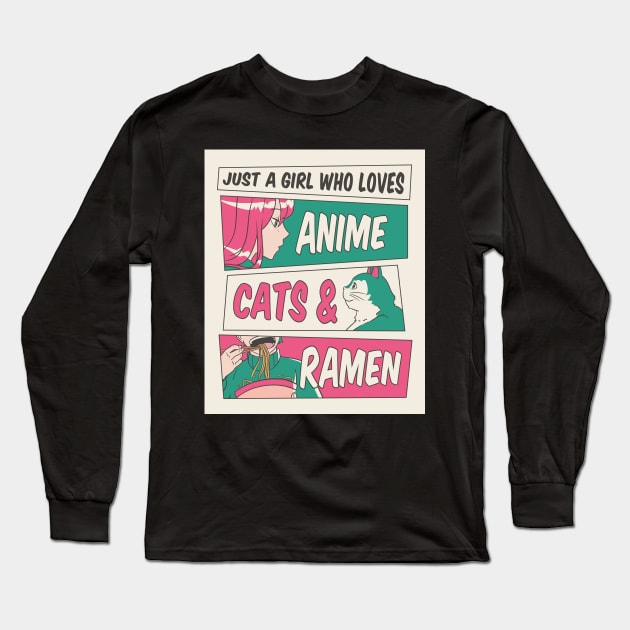 Just A Girl Who Loves Anime Cats & Ramen for Girls and Women Long Sleeve T-Shirt by Shems Arts